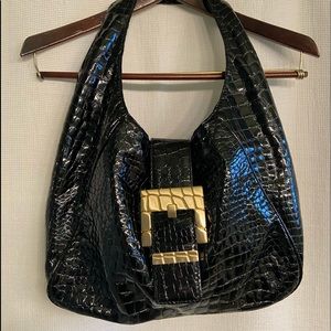 Hobo Bag Michael Kors black patent croc embossed hobo bag with gold buckle